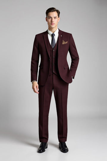 Borgonha Plaid Notched Lapela 3 Peças Fato Homem